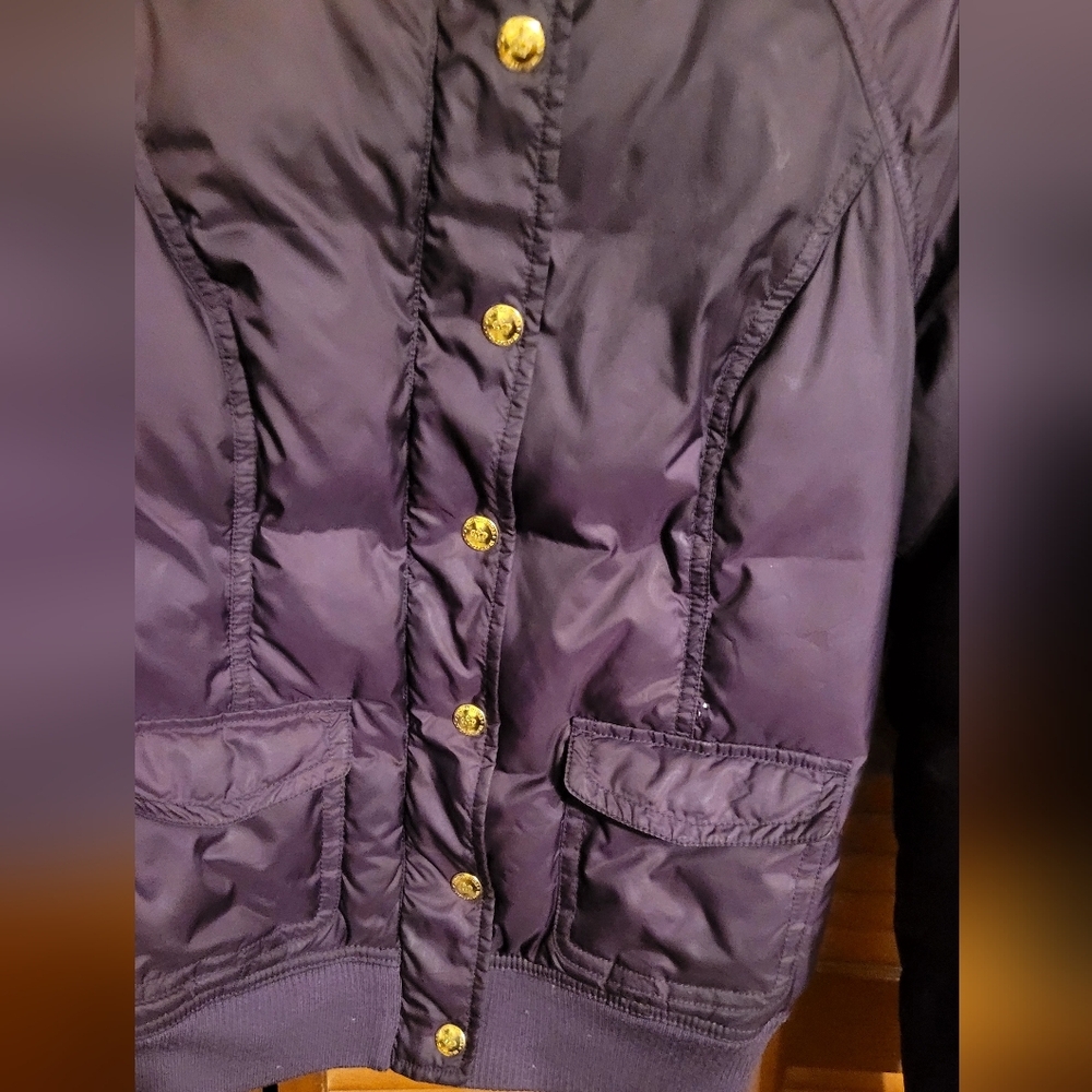 Juicy Couture dark purple down hooded bomber jacket with gold buttons Size Small - Picture 4 of 15